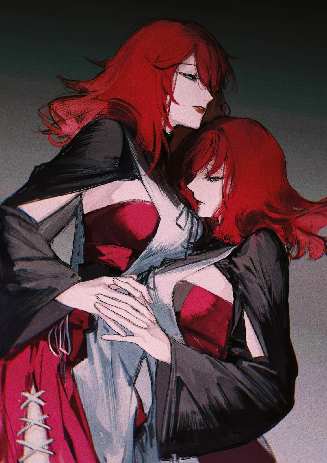 Fan art of 2B (YoRHa No.2 Type B) from NieR: Automata depicted in a gothic-lolita style with red hair and black-and-red attire.