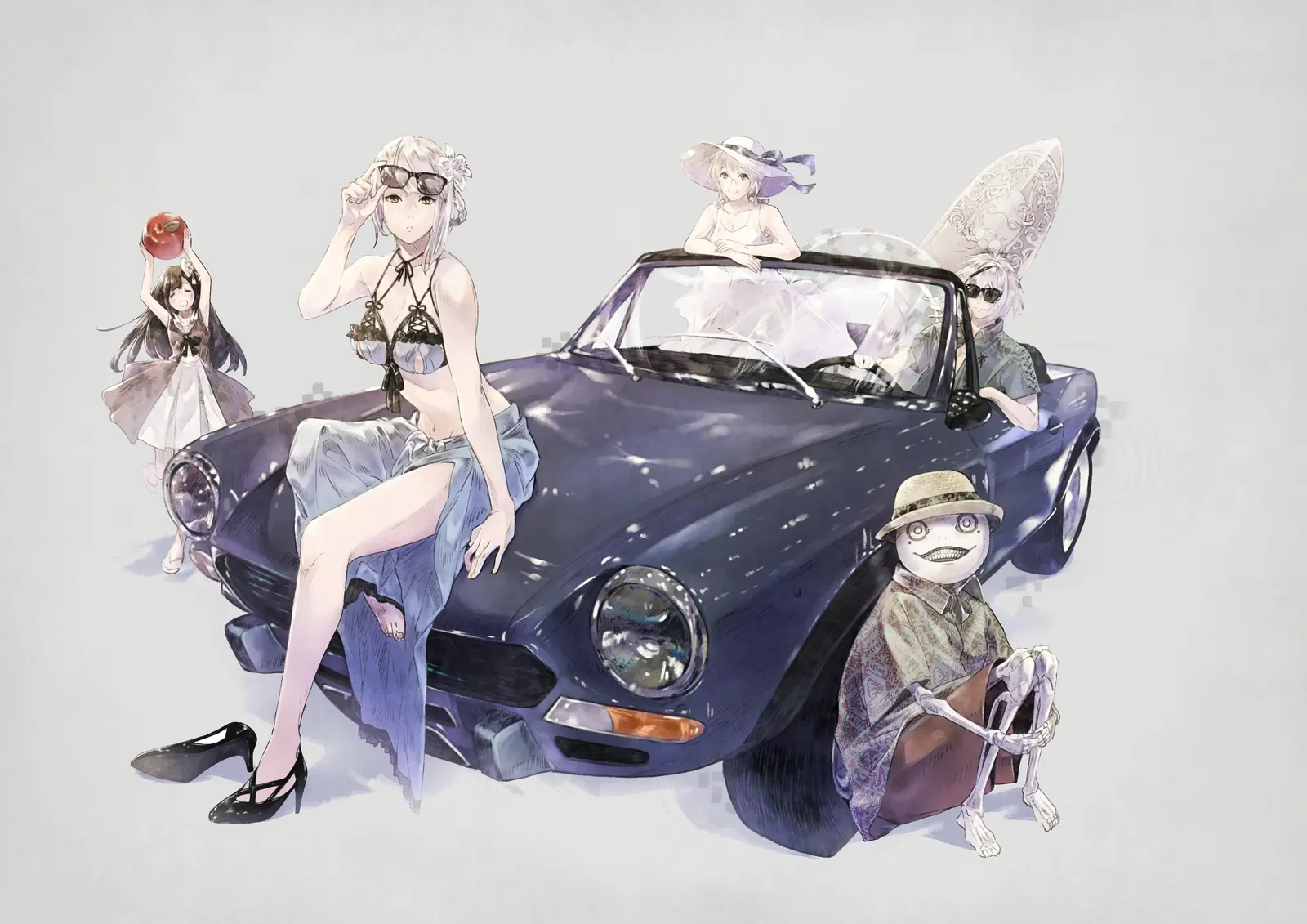 2B (YoRHa No.2 Type B) from NieR: Automata depicted in a swimsuit sitting on a vintage convertible, surrounded by other characters in a stylized digital illustration.