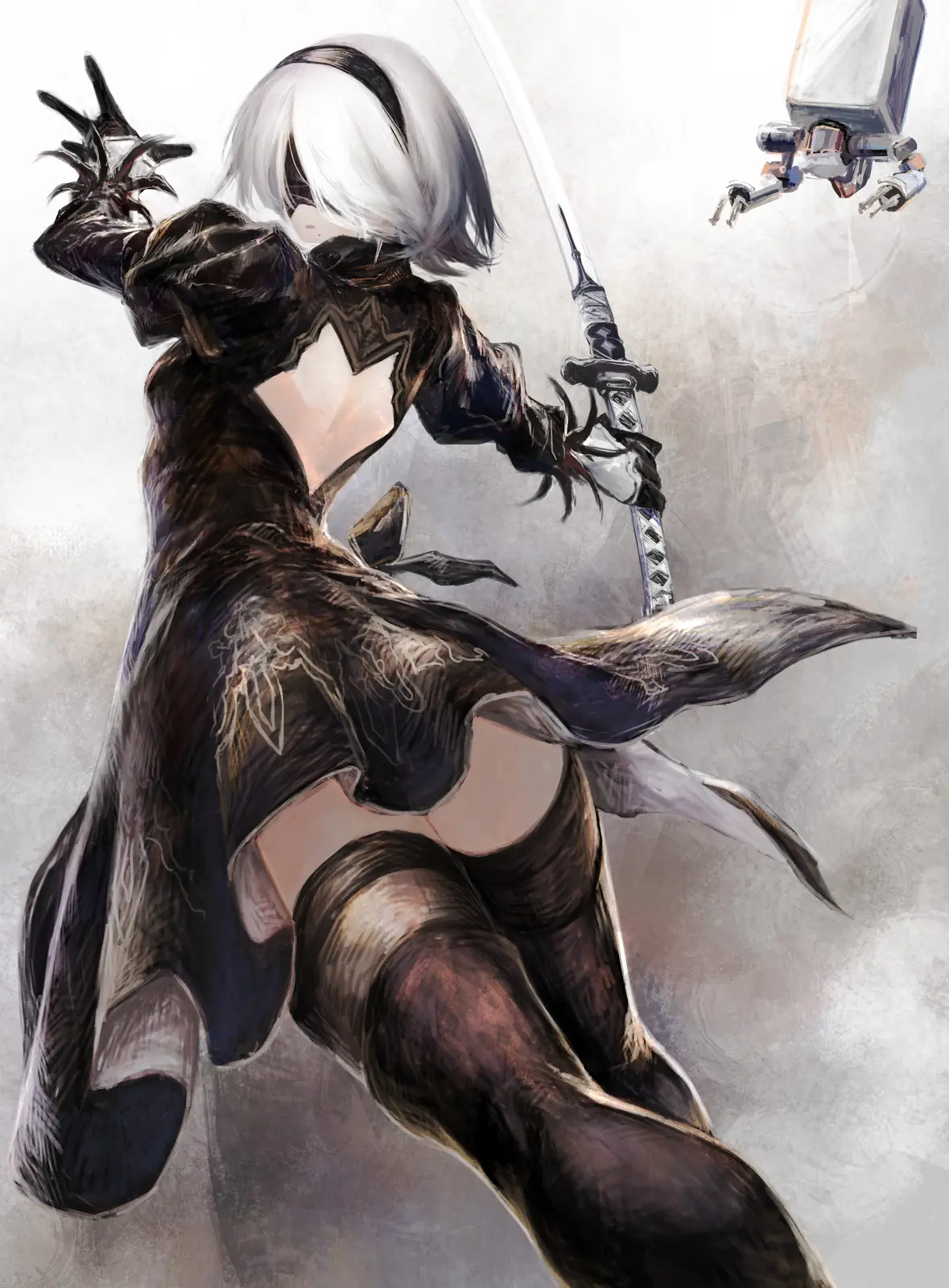 Fan art of 2B (YoRHa No.2 Type B) from NieR: Automata in a dynamic combat stance with a sword and blindfold.