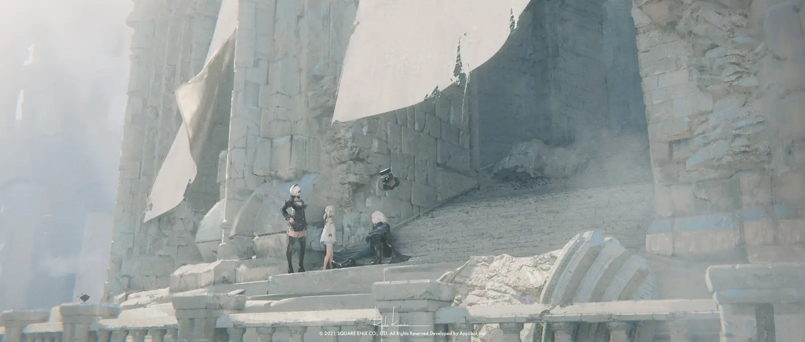 Fan art of 2B (YoRHa No.2 Type B) from NieR: Automata standing amidst crumbling stone ruins in a post-apocalyptic setting.