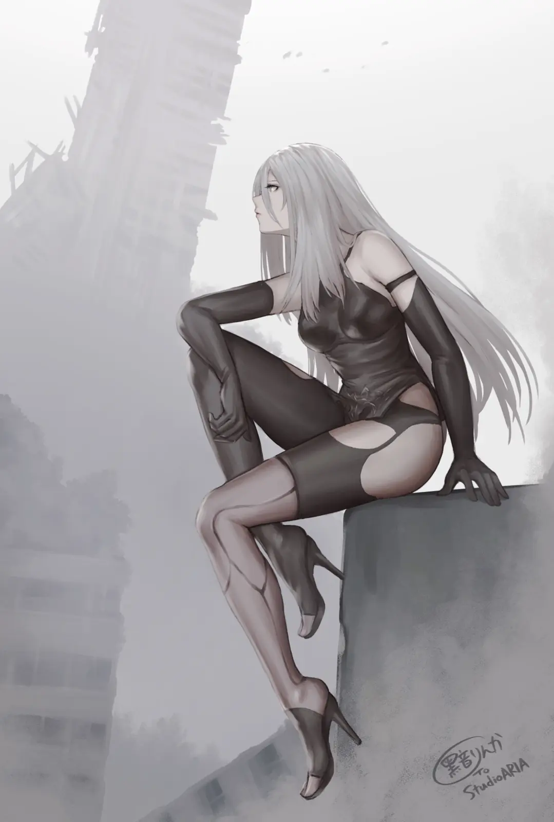 Digital illustration of 2B (YoRHa No.2 Type B) from NieR: Automata sitting on a concrete ledge in a desolate urban environment.