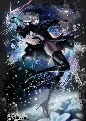 Woman in a black dress and a white dress with a blue background