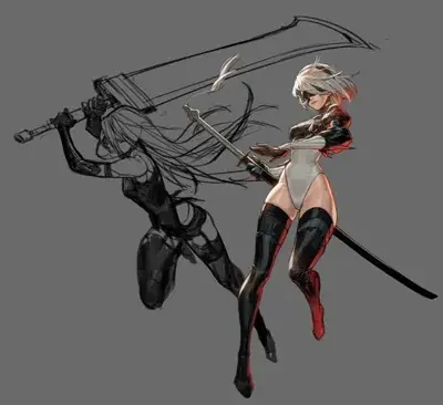 Digital artwork featuring A2 in her white combat leotard and short white hair, advancing in an action pose while a shadowy, sketched figure resembling 2B holding a massive greatsword looms behind her.