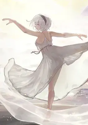 Thumbnail of Woman in a white dress is dancing - Nier Automata Fan Art