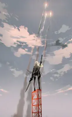 Thumbnail of Nier Automata: Person on a rocket flying through the air