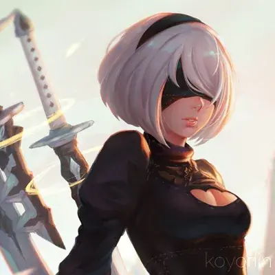Woman with white hair and black clothes holding a sword
