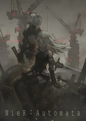 Girl in a black dress and a sword in her hand, with a large crane in the background