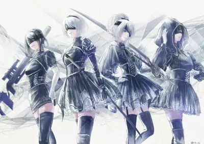 Three girls in black and white outfits with wings