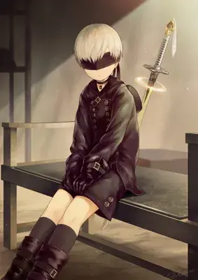 Woman sitting on a bench with a sword