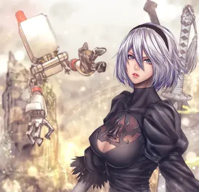 Girl with blue hair and black clothes standing in front of a robot