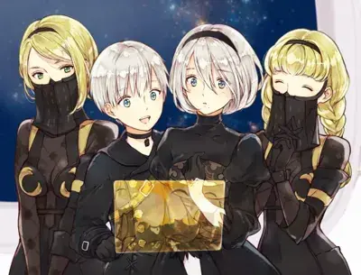 Three girls in black outfits with blonde hair and blue eyes