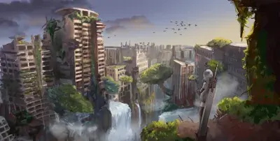 City with a waterfall and buildings