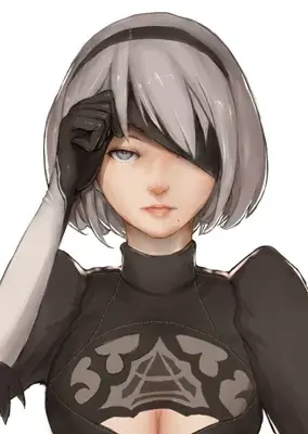 Cartoon character with grey hair and a black top