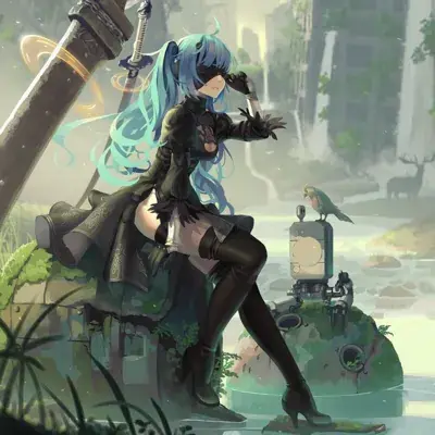 Girl with blue hair sitting on a tree branch