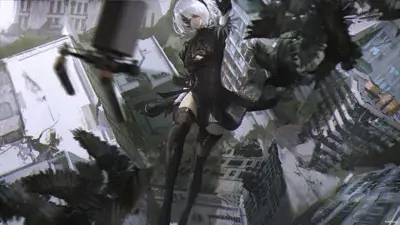 Woman in a black dress is flying through the air