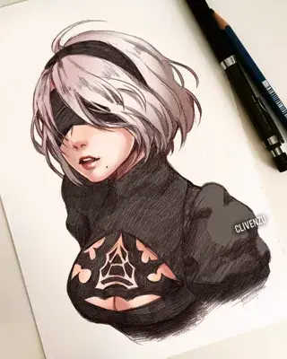 Drawing of a woman with white hair and black clothes