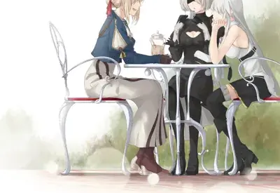 Two anime girls sitting at a table