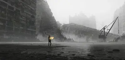 Man standing in the middle of a city