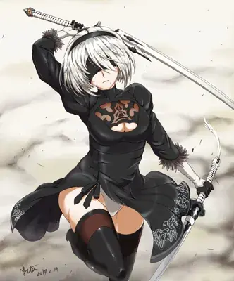 Woman in a black outfit holding a sword