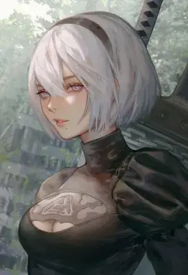 Woman with white hair and a sword