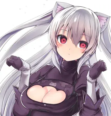 Girl with long white hair and red eyes, wearing a black outfit