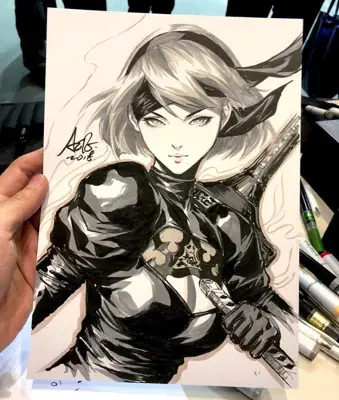 Drawing of a woman with a gun