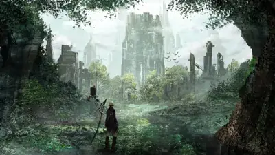Man standing in the middle of a forest with a sword