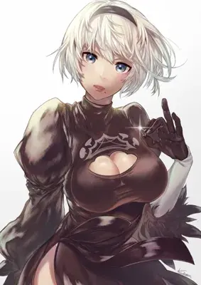 Woman with white hair and blue eyes, wearing a brown outfit
