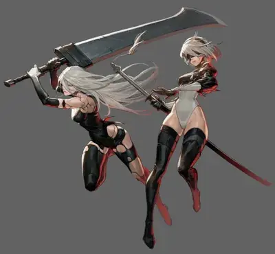 Thumbnail of Nier Automata: Two women in black and white outfits holding swords