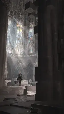 Person standing in a church with a umbrella