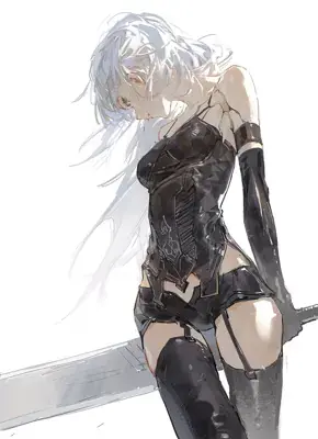 Woman in a black outfit holding a sword