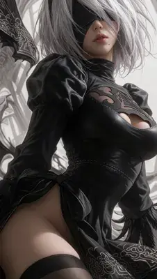 Digital render of 2B from NieR: Automata seated in a contemplative pose with her sword Virtuous Contract beside her in a desolate setting.