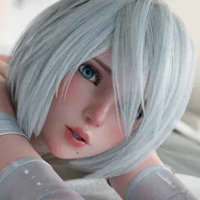 Square-format digital fan art portrait of 2B (YoRHa No. 2 Type B) from NieR: Automata, centered against a soft background with blindfold and white hair.