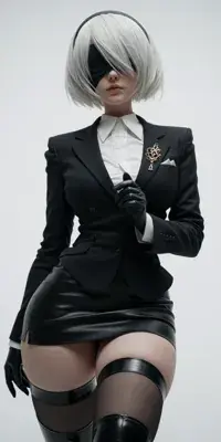 Tall vertical illustration of 2B from NieR: Automata in a flowing black gothic dress seen from a low viewpoint, with silver hair catching rim light.
