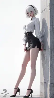 Illustration of 2B from NieR: Automata standing among overgrown vegetation and ruined concrete structures in a reclaimed city.