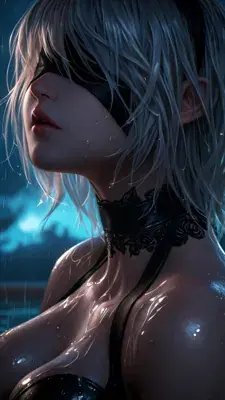 Digital illustration of 2B from NieR: Automata in a black dress and blindfold standing on a rain-slicked ruined city street.