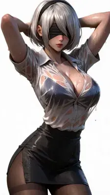 Full-body digital render of 2B from NieR: Automata in her complete YoRHa black dress, blindfold, and heeled combat boots on a neutral background.