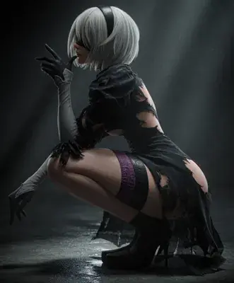 Portrait illustration of 2B from NieR: Automata wearing a black gothic dress, lace gloves, and a blindfold against a softly lit studio backdrop.