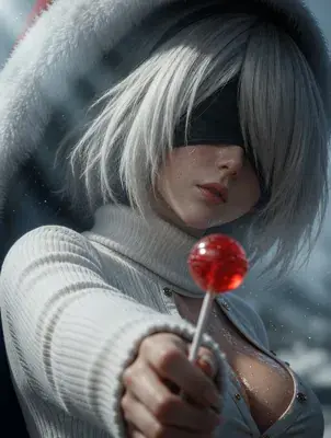 Square-format character composition of 2B from NieR: Automata centered on a neutral background, highlighting her blindfold and white hair.