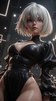 Illustration of 2B from NieR: Automata in a black dress standing inside a deserted, ruined structure in pale, dusty light.