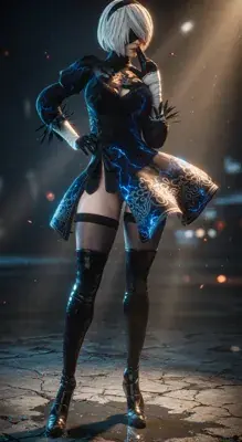 Full-body digital render of 2B from NieR: Automata in her YoRHa black dress, blindfold, and heeled boots on a neutral studio background.