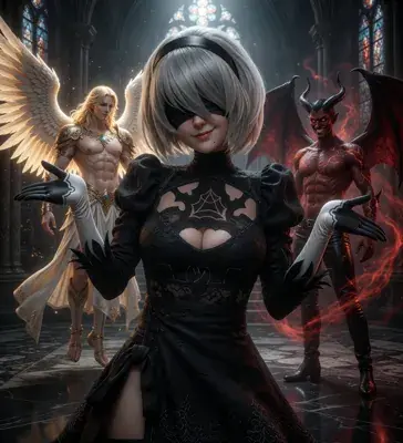 Square-format character composition of 2B from NieR: Automata centered on a neutral background, highlighting her blindfold, white hair, and high collar.