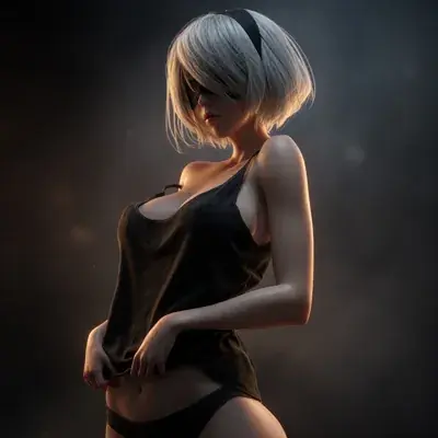 Tall vertical portrait of 2B from NieR: Automata in full YoRHa uniform against a softly textured backdrop with lighting tracing the black dress edges.