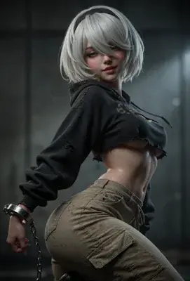 3D render of a silver-haired 2B-style character from NieR: Automata in a black cropped hoodie and cargo pants, one wrist cuffed to a hanging chain in a dim industrial space.