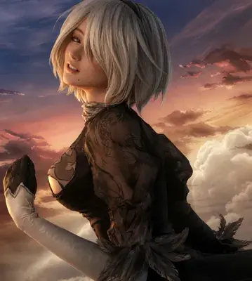 Illustration of 2B from NieR: Automata in a character pose against a softly textured backdrop, wearing her black dress, blindfold, and gloves.