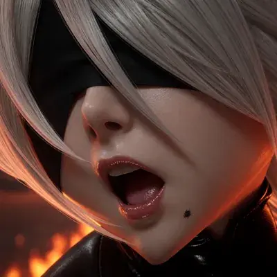 3D render of a long-silver-haired 2B-style character from NieR: Automata in a black blindfold and sleek leather outfit with a cheek tattoo, lit by warm orange backlighting.