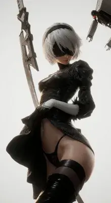 Tall vertical portrait of 2B from NieR: Automata in a black dress under dramatic low-key lighting against a darkened background.
