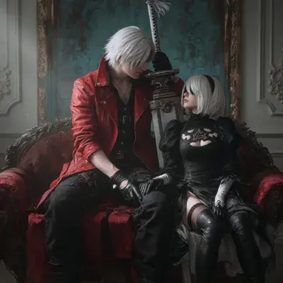 Square-format centered portrait of 2B from NieR: Automata in YoRHa uniform with a blindfold and silver-white hair under soft lighting.