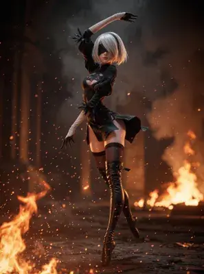3D render portrait of a silver-haired 2B-style character from NieR: Automata in a high-collared black outfit with puffed shoulders and a bat-like chest emblem against a moody dark background.