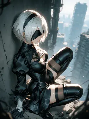 3D render of a silver-haired 2B-style character from NieR: Automata crouched against a concrete wall in a gothic dress with striped thigh-high boots under low-key lighting.